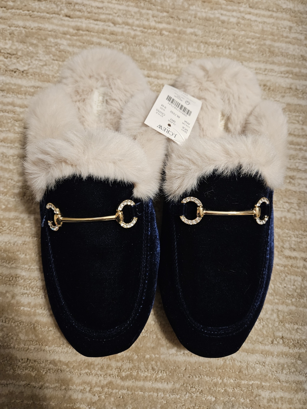 J. Crew Factory Bit Slippers in navy velvet with faux fur